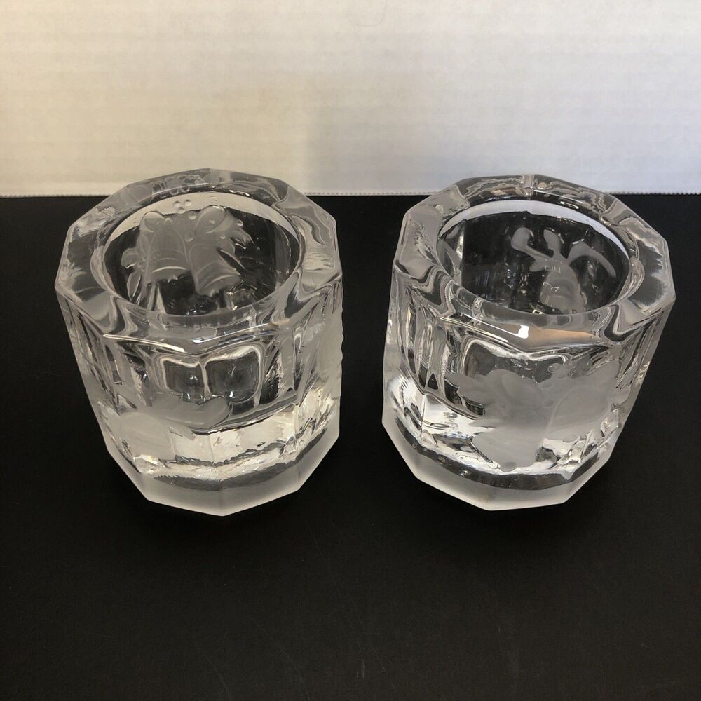 Crystal Frosted Votive Candle Holder Etched Christmas Holiday Bells. Studio Nova